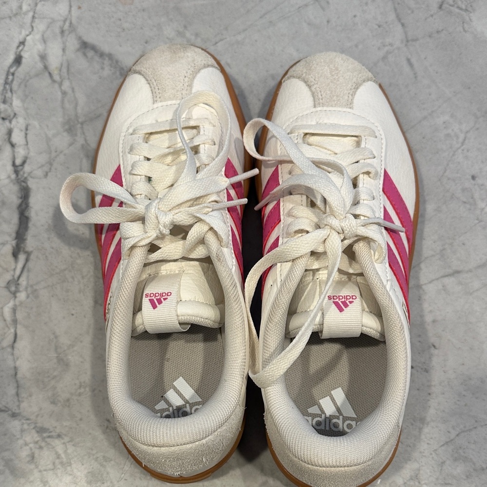 Adidas Women's White and Pink Striped Sneakers